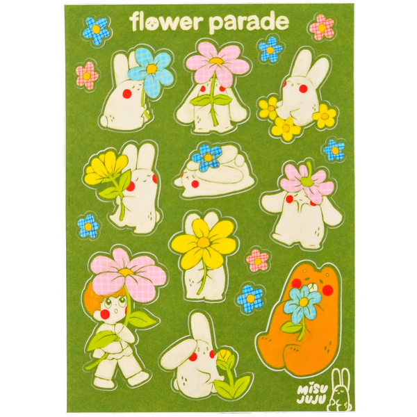 A green sticker sheet featuring Misu Juju character designs, including rabbits, a cat, and a girl holding flowers, with the text 'flower parade' at the top.