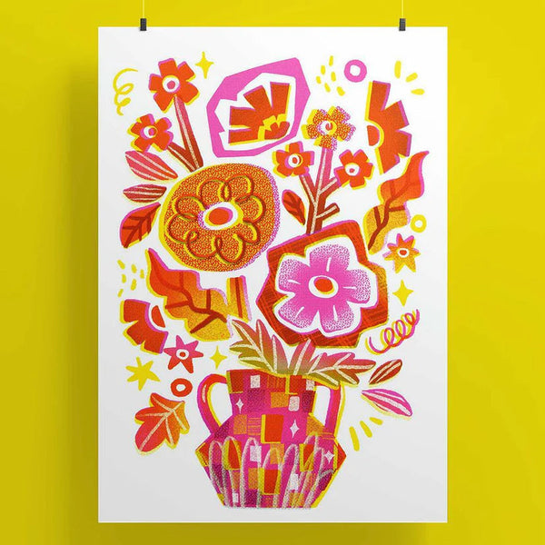 Riso print with illustrations colourful floral on a white background
