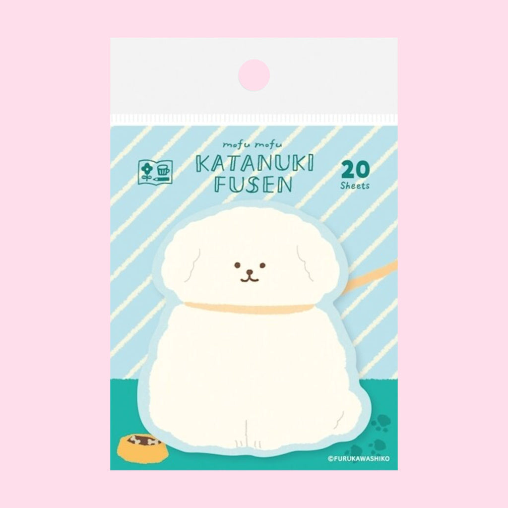 A package of cute white cartoon dog sticky notes labeled 'KATANUKI FUSEN' with '20 Sheets' on a light blue striped card, centered on a soft pink background.