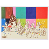 A colourful art print featuring a cartoon character with a star-patterned hat and several small rabbits, set against a background of vertical colour blocks in green, red, pink, blue, light green, purple, red, and yellow. The print has a white border and the brand name 'JUJU' is visible in the bottom-left corner.