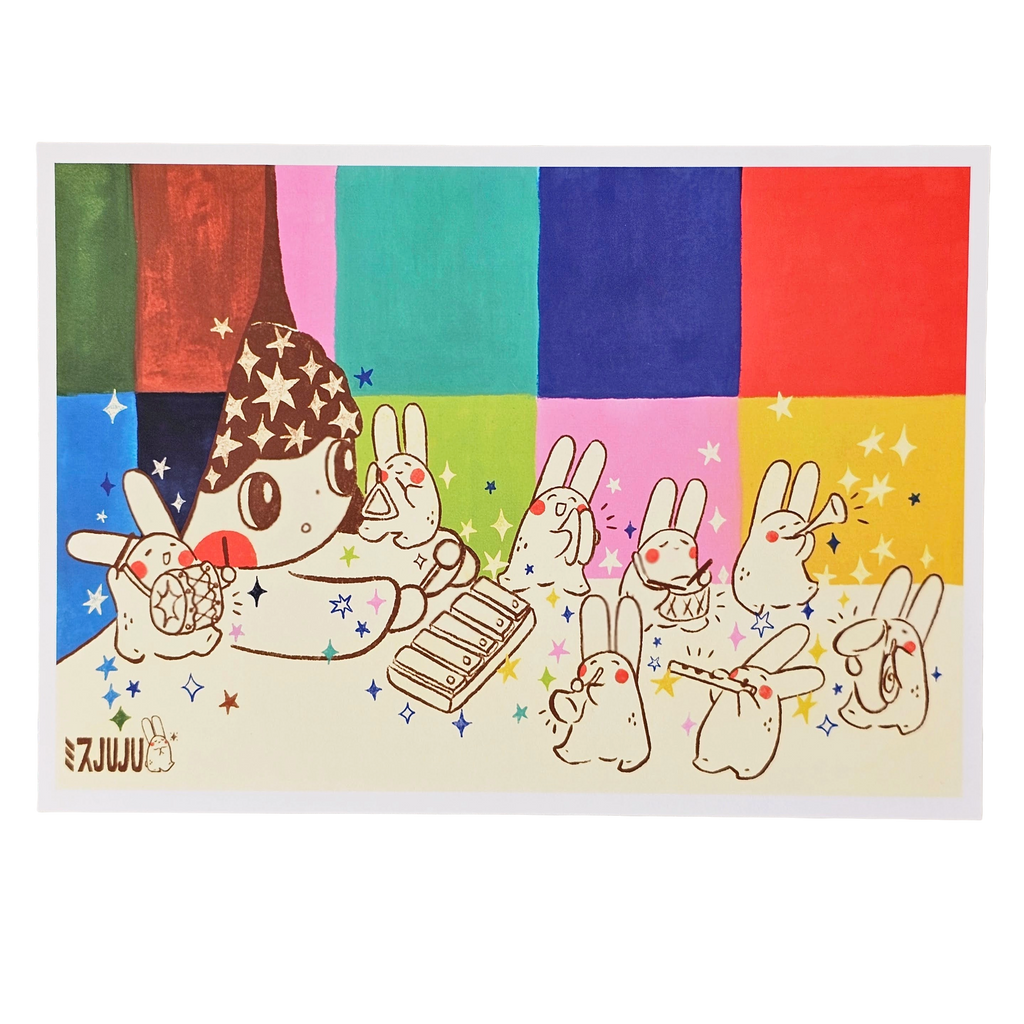 A colourful art print featuring a cartoon character with a star-patterned hat and several small rabbits, set against a background of vertical colour blocks in green, red, pink, blue, light green, purple, red, and yellow. The print has a white border and the brand name 'JUJU' is visible in the bottom-left corner.