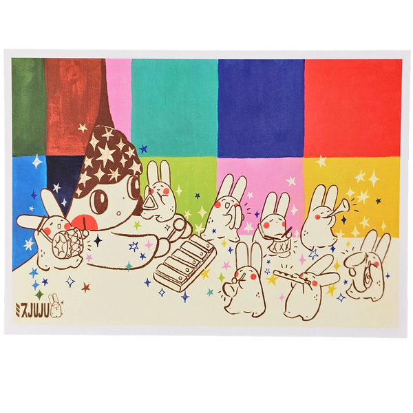 A colourful art print featuring a cartoon character with a star-patterned hat and several small rabbits, set against a background of vertical colour blocks in green, red, pink, blue, light green, purple, red, and yellow. The print has a white border and the brand name 'JUJU' is visible in the bottom-left corner.