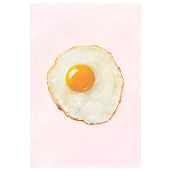 A single fried egg with a bright orange yolk and white-to-beige scrambled edge, centered on a soft light pink background.