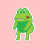 Cartoon frog with a heart on a pink background