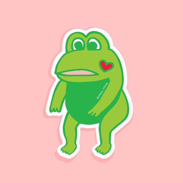 Cartoon frog with a heart on a pink background
