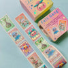 Set of colourful felt stickers with cartoon characters on a light blue background