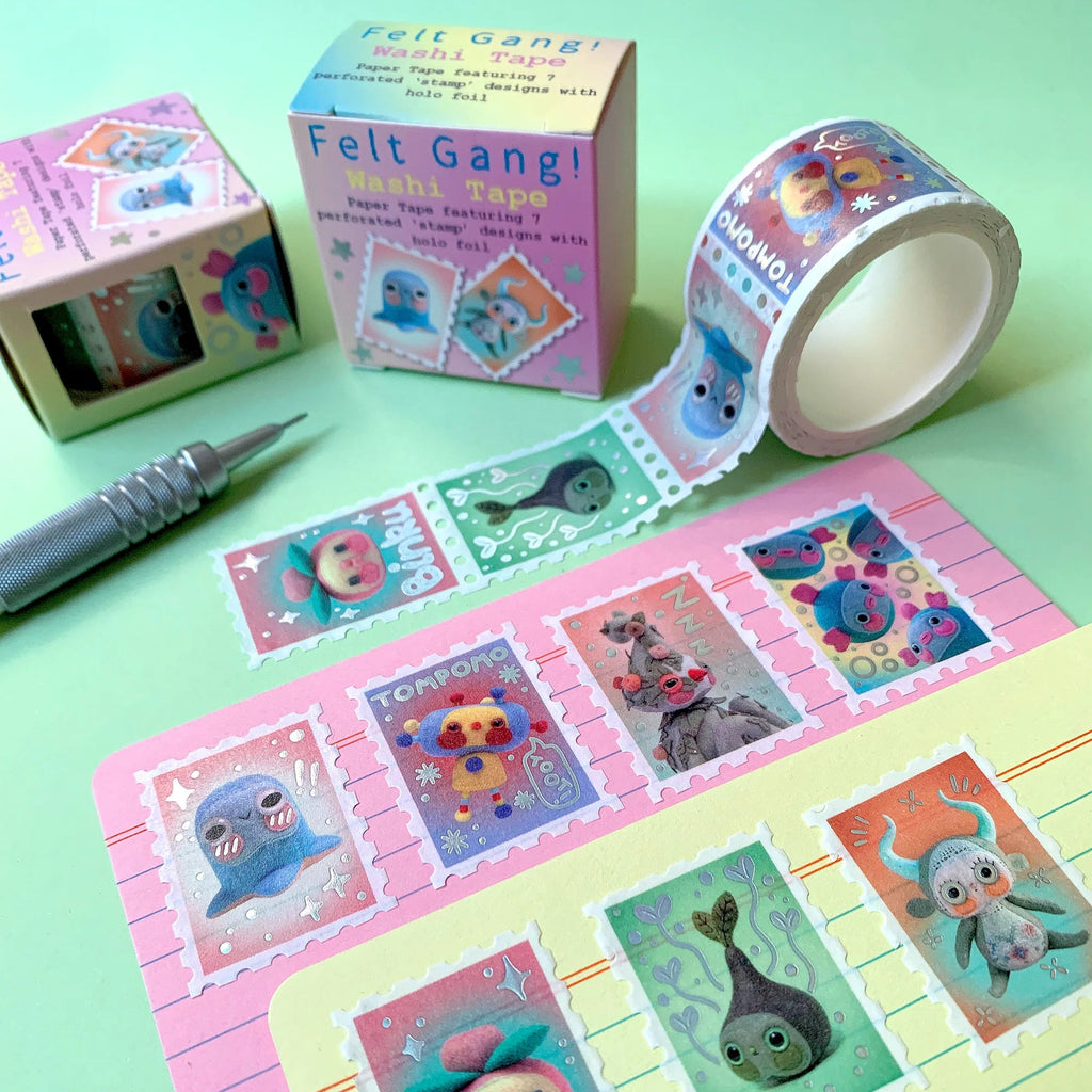 Felt Gang! Washi Tape with colorful designs on a green background