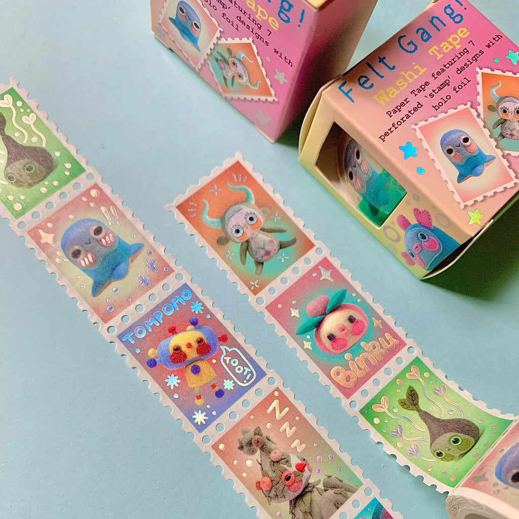 Masking tape with cartoon character designs on a blue background