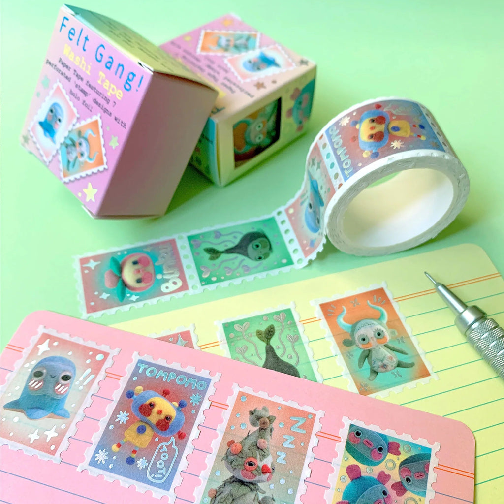 Felt Gang! washi tapes on a green background