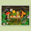 Framed artwork of a frog and mushroom characters at a table in a forest setting.