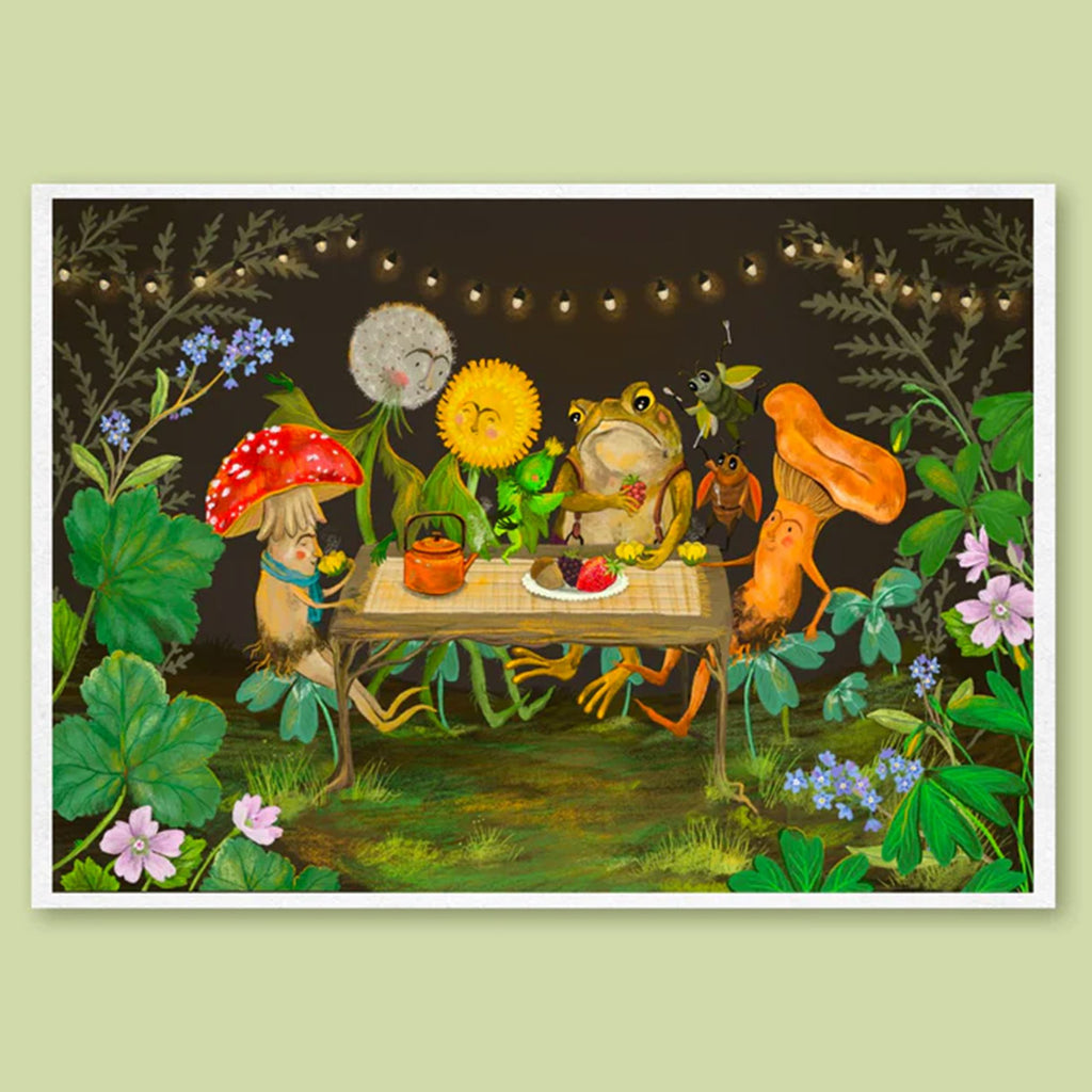 Framed artwork of a frog and mushroom characters at a table in a forest setting.