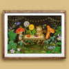 Framed artwork of a whimsical scene with animals around a table in a forest setting.
