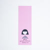A tall, narrow pink bookmark with a simple black line drawing of a person and the text 'shuh. printed in australia shuhlee.com'