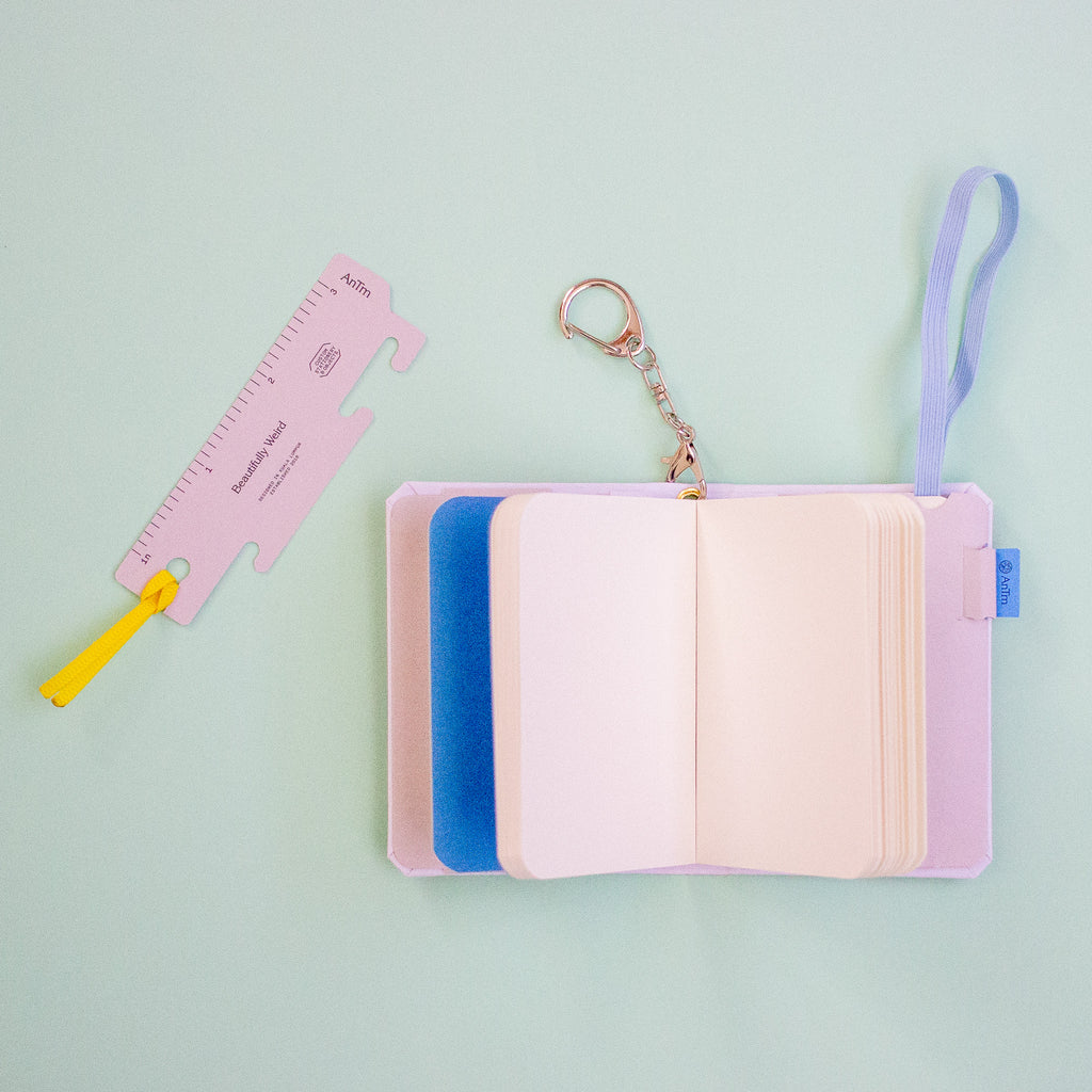 Small notebook with plain pages and light blue elastic on a light green background.