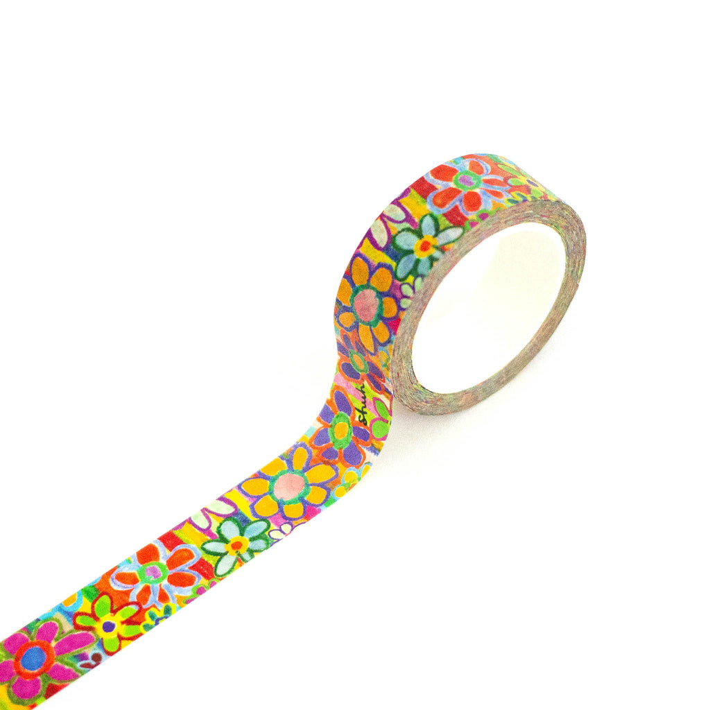 Roll of colorful floral-patterned Washi tape on a white background