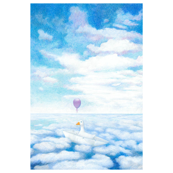 A whimsical painting of a white goose in a small boat floating on clouds, with a single purple balloon above it under a bright blue sky with white clouds.