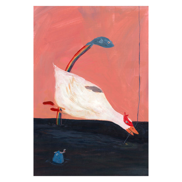 A stylised painting of a white goose with a long blue neck and rainbow accents, bending down toward a dark reflective surface, against a pink background. A small blue creature appears in the lower left.