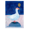 A stylized painting of a white goose standing on a dark blue rock against a deep blue background, with a pale pink ground and a small gold balloon above its head.