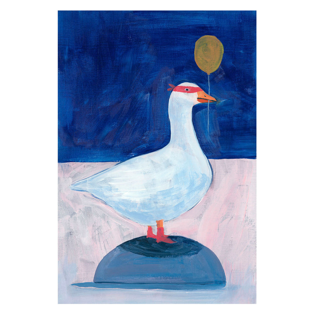 A stylized painting of a white goose standing on a dark blue rock against a deep blue background, with a pale pink ground and a small gold balloon above its head.