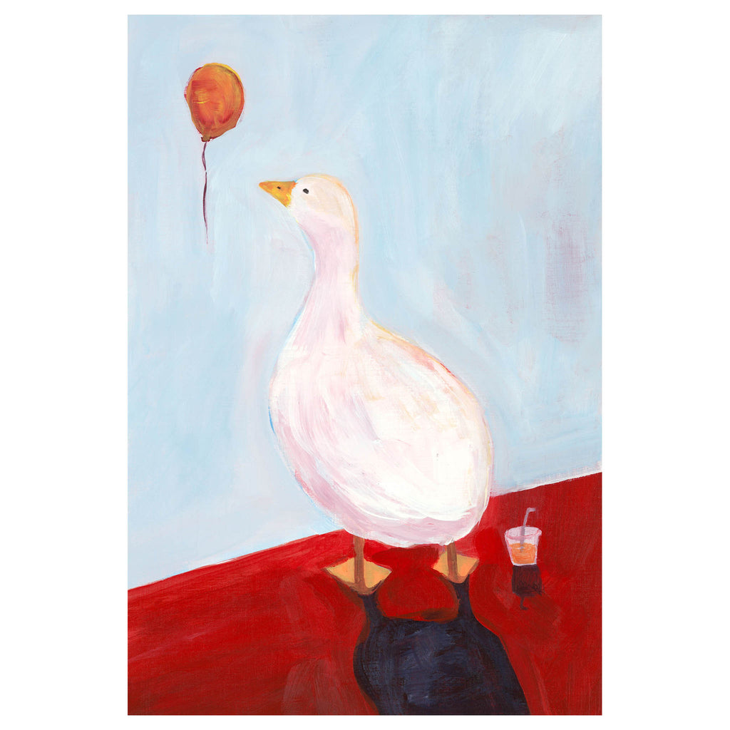 A stylized painting of a white goose standing on a red surface against a pale blue background, with a small orange balloon floating near its head and a small drink cup at its side.