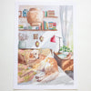 Illustration of a cozy room with a dog on a bed, bookshelf, and desk.