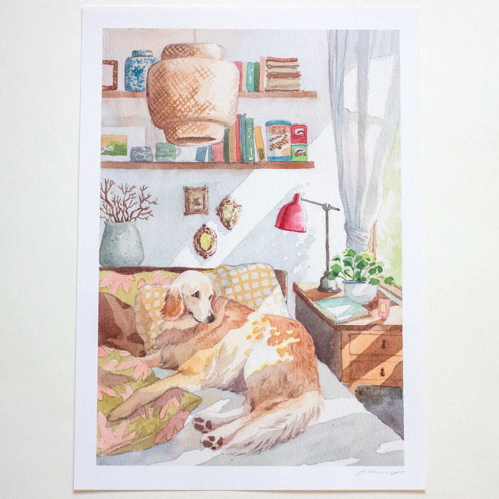 Illustration of a cozy room with a dog on a bed, bookshelf, and desk.