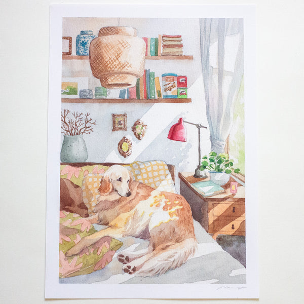 Illustration of a cozy room with a dog on a bed, bookshelf, and desk.