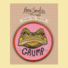 An embroidered iron-on patch featuring a grumpy toad on a pink background with the word 'GRUMP' stitched below. The patch is displayed on a beige gingham card with the brand name 'Anna Seed' and the text 'Iron-On Patch' above it.