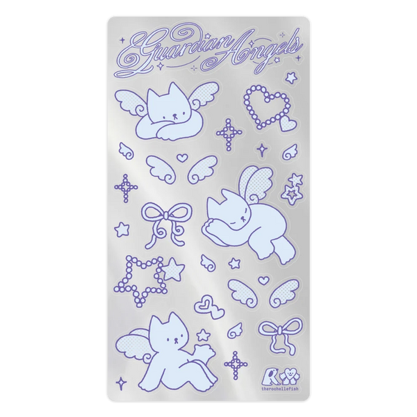 A rectangular metallic silver sticker sheet featuring light blue and lavender line-art illustrations of cute winged guardian angel cats, hearts, stars, bows, and decorative motifs, with the words 'Guardian Angels' at the top.