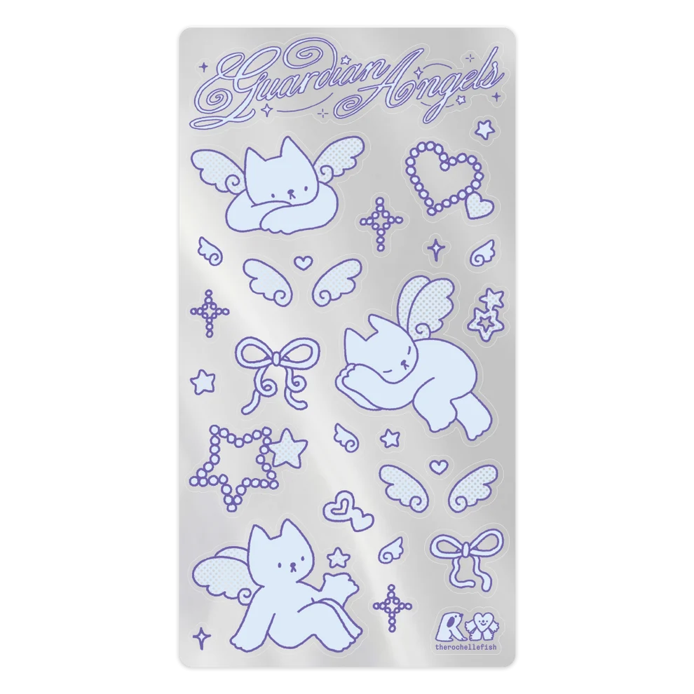 A rectangular metallic silver sticker sheet featuring light blue and lavender line-art illustrations of cute winged guardian angel cats, hearts, stars, bows, and decorative motifs, with the words 'Guardian Angels' at the top.