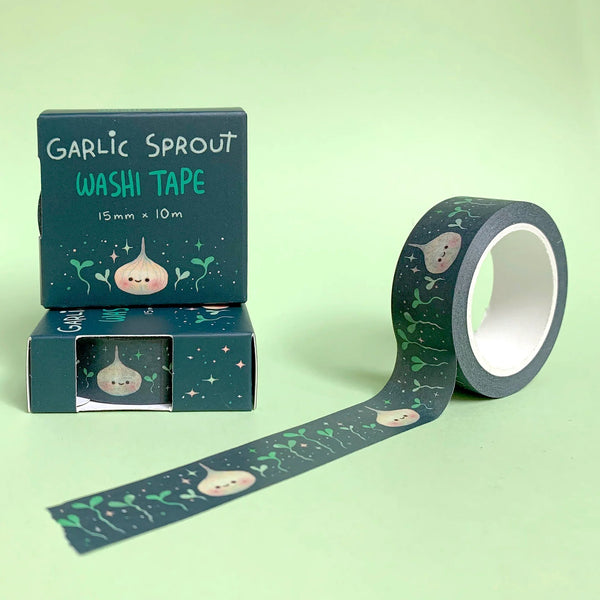 Garlic sprout washi tape with packaging on a light green background