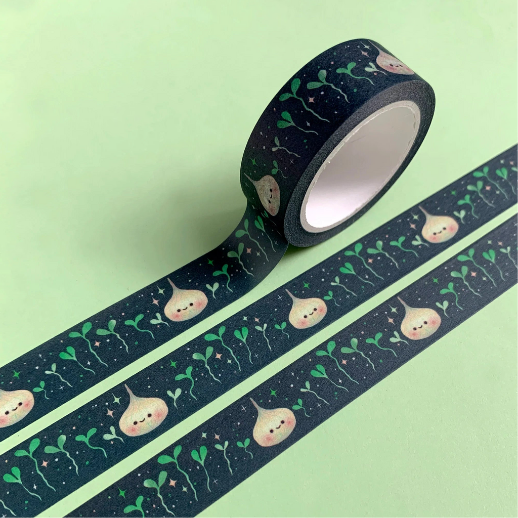 Decorative tape with cute onion design on a green background