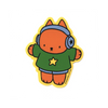 A cartoon-style die-cut sticker featuring an orange cat wearing blue headphones, a green shirt with a yellow star, and blue shorts, outlined in yellow, on a plain white background.