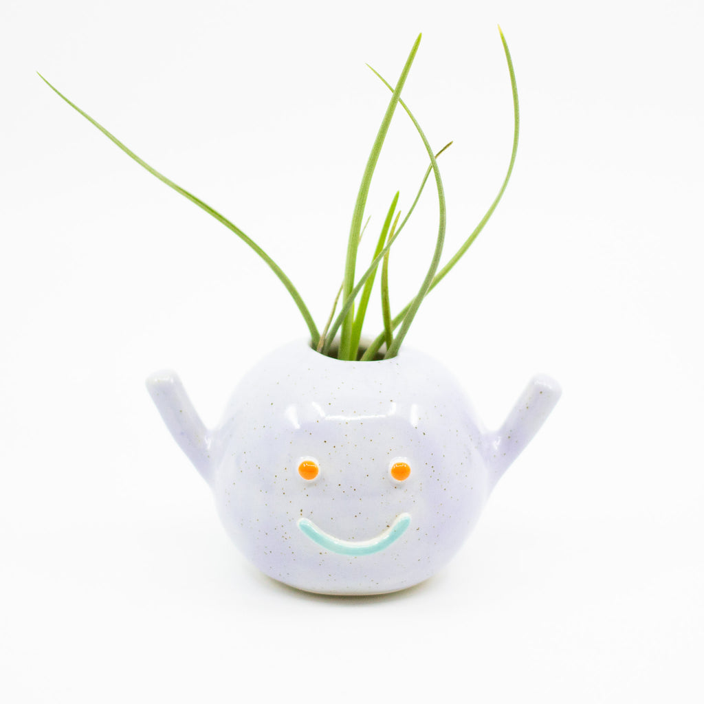 Front view of Herbie vase, holding an air plant. Lilac colour and blue smile. 