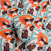 A pile of die-cut stickers featuring a cartoon rabbit wearing black sunglasses, an orange and white plaid scarf, and holding a suitcase, with a blue outline. 