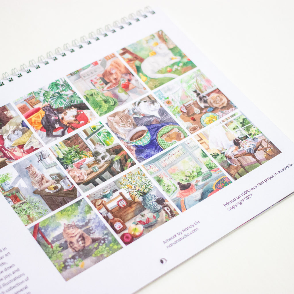A spiral-bound printed page featuring a collage of colourful illustrated scenes with cats, plants, and home decor, photographed on a white background.