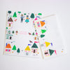 A set of illustrated stationery pieces on a white background, including a house letter template and matching decorative cards or envelopes with colorful house, tree, bird, and star drawings.