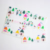 Letterset featuring whimsical hand-drawn houses, trees, and characters in bright, arranged on a clean white background.