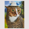 A close-up photo of a tabby and white cat wearing a white hat, set against a yellow border on a light grey background.