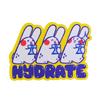A die-cut sticker featuring three cartoon white rabbits with blue outlines holding blue drinks, with the word 'HYDRATE' in blue below, all on a white background.