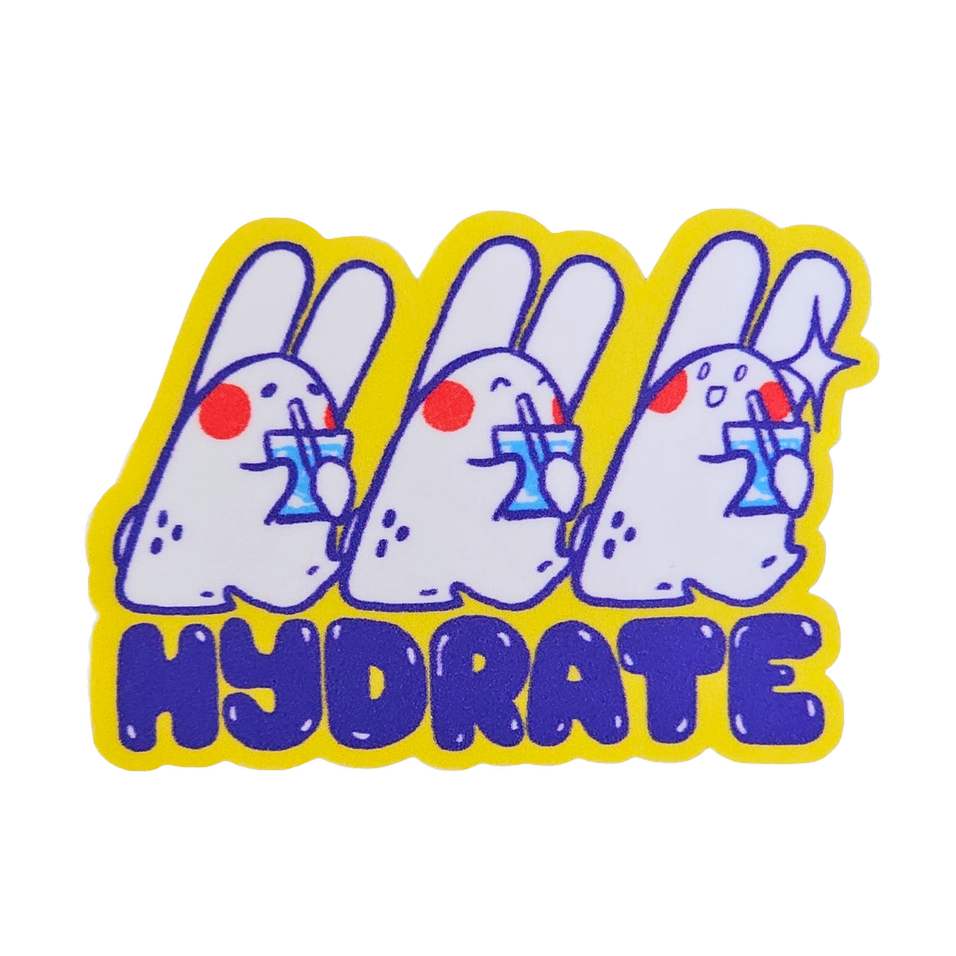 A die-cut sticker featuring three cartoon white rabbits with blue outlines holding blue drinks, with the word 'HYDRATE' in blue below, all on a white background.