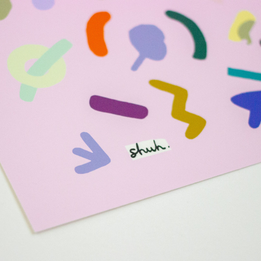 Colourful abstract shapes on a lilac background with 'shuh' branding.