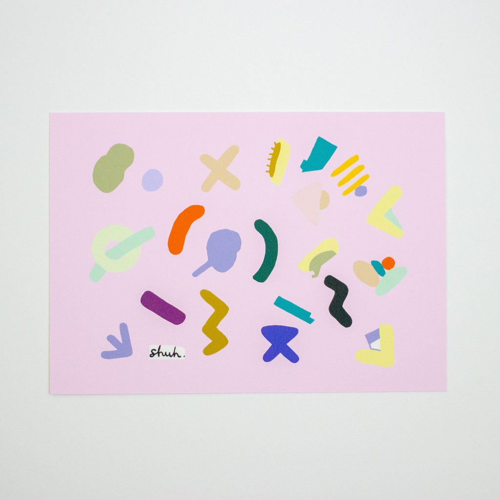Colourful abstract shapes on a lilac background with 'shuh' branding.
