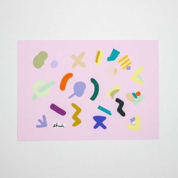 Colourful abstract shapes on a lilac background with 'shuh' branding.