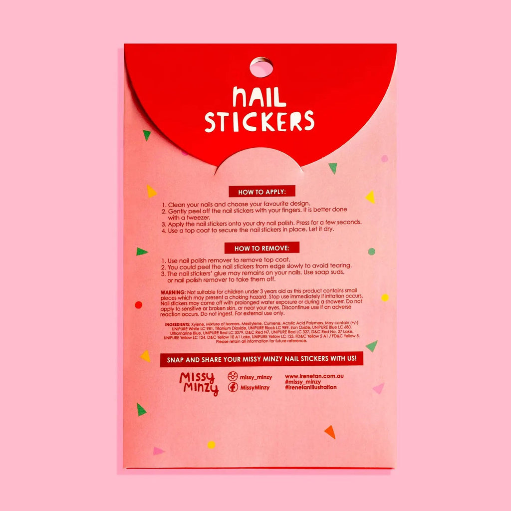 The back of a Missy Minzy nail sticker package, featuring product instructions, shown against a solid pink background.