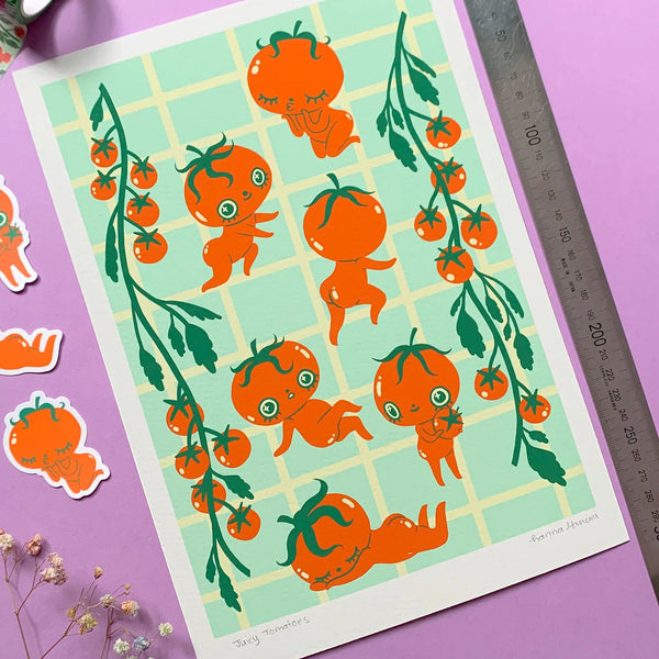 Illustrated sheet with baby tomato design on a purple background, surrounded by stickers and a ruler.
