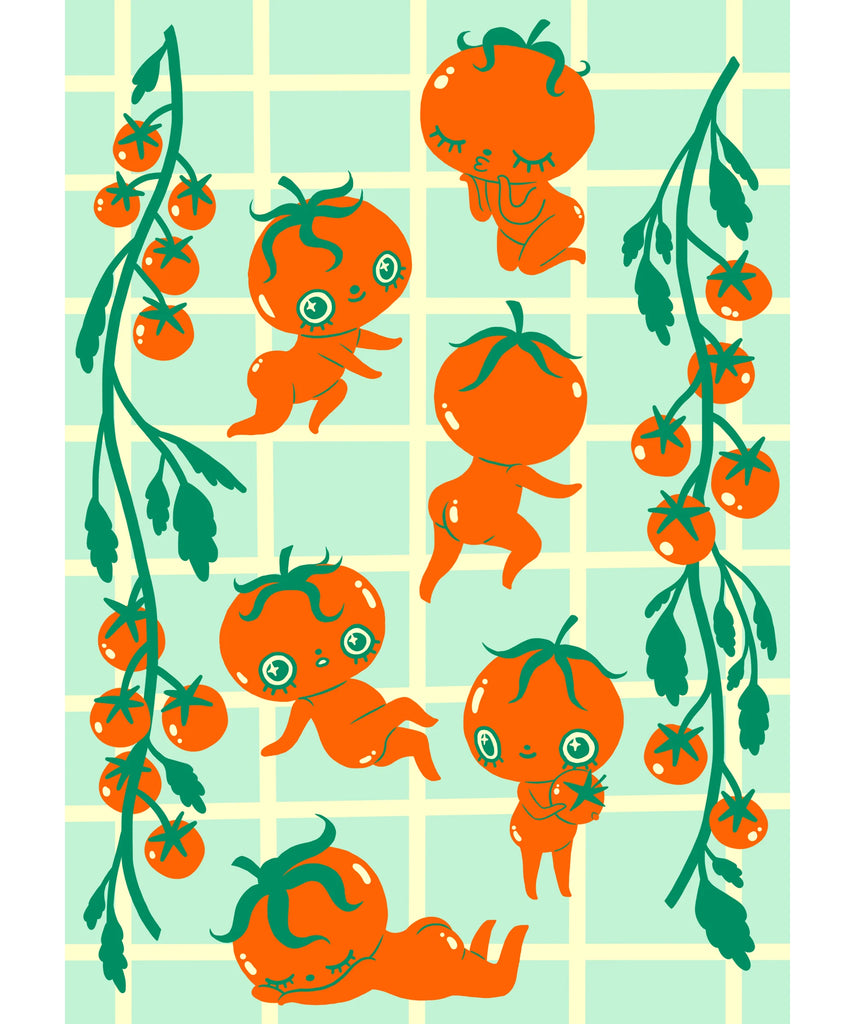 Illustrations of cartoon tomatoes with faces on a checkered background