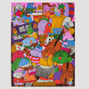 A finished puzzle featuring highly detailed, colourful cartoon illustration on the front showing many characters and objects photographed on a clean light grey background.