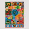 Colourful pattern with various symbols and emojis on a white background