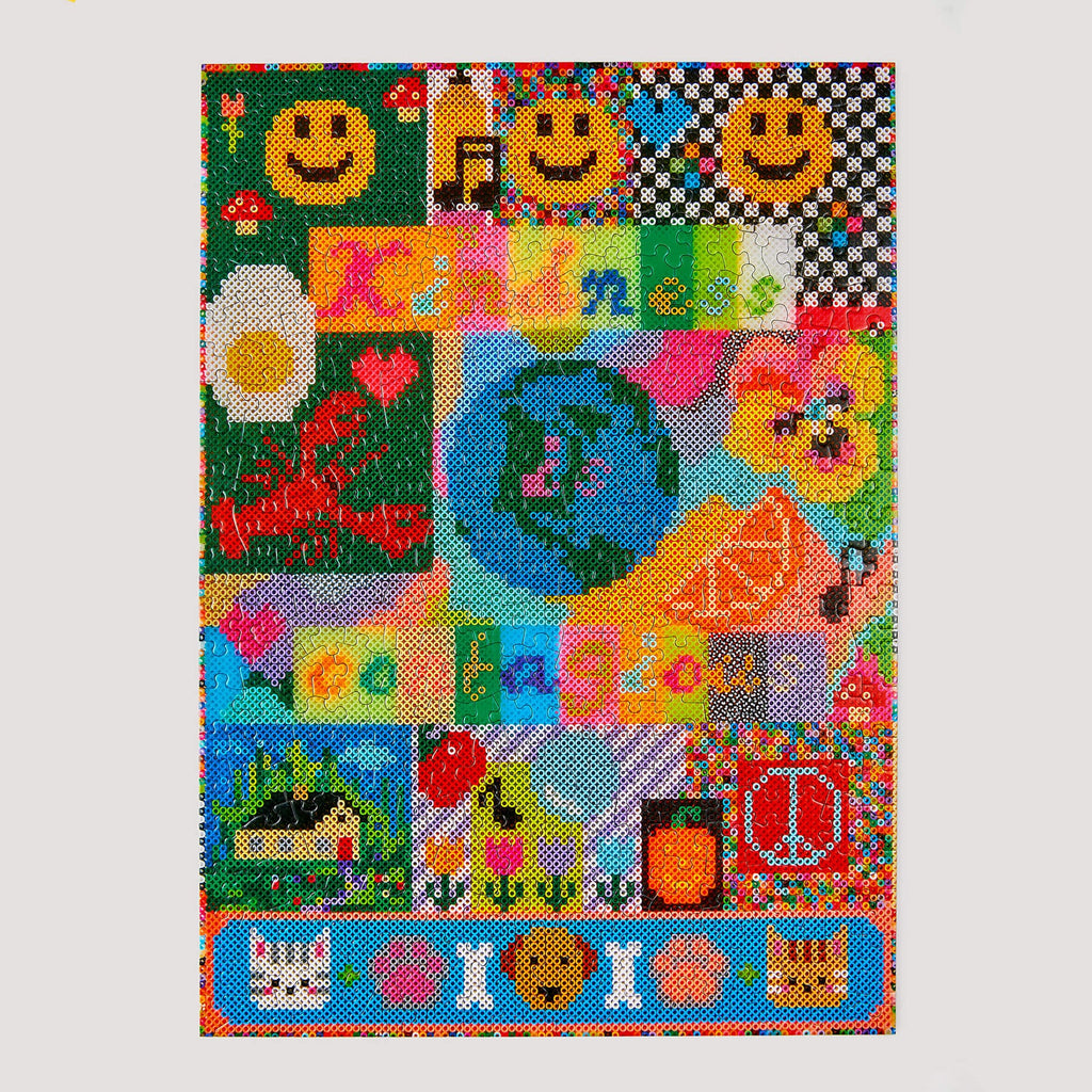 Colourful pattern with various symbols and emojis on a white background